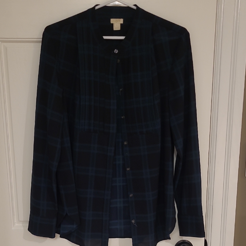 J Crew Ladies Size L, Blackwatch Plaid Collerless Button Down Shirt